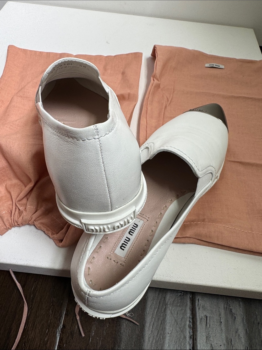 Miu Miu White Skate Sneaker Leather Slip-On Loafers with Silver Cap Toes | 38.5 - Picture 11 of 11